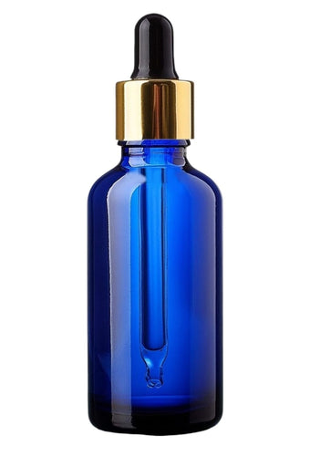 100ml Blue Glass Bottles with Gold/Black Glass Pipettes