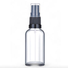 Load image into Gallery viewer, 100ml Clear Glass Bottles with Black Atomiser Spray and Clear Over Cap