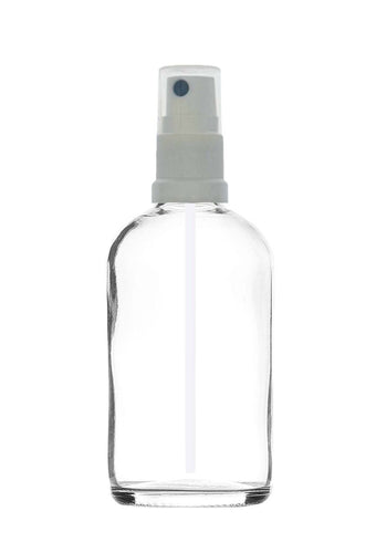 100ml Clear Glass Bottles with White Atomiser Spray and Clear Over Cap
