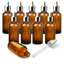 Load image into Gallery viewer, 100ml Amber Glass Bottles with Silver/White Glass Pipettes