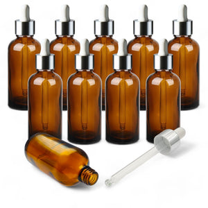 100ml Amber Glass Bottles with Silver/White Glass Pipettes