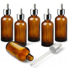 Load image into Gallery viewer, 100ml Amber Glass Bottles with Silver/White Glass Pipettes