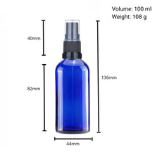 Load image into Gallery viewer, 100ml Blue Glass Spray Bottle with Black German-Made Atomizer &amp; Clear Overcap | Refillable Fine Mist Spray for Essential Oils, Beauty Products, and Cleaning Solutions