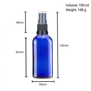 100ml Blue Glass Spray Bottle with Black German-Made Atomizer & Clear Overcap | Refillable Fine Mist Spray for Essential Oils, Beauty Products, and Cleaning Solutions