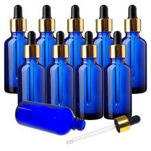 Load image into Gallery viewer, 100ml Blue Glass Bottles with Gold/Black Glass Pipettes