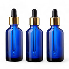 Load image into Gallery viewer, 100ml Blue Glass Bottles with Gold/Black Glass Pipettes