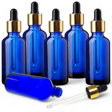 Load image into Gallery viewer, 100ml Blue Glass Bottles with Gold/Black Glass Pipettes