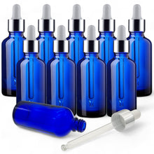 Load image into Gallery viewer, 100ml Blue Glass Bottles with Silver/White Glass Pipettes