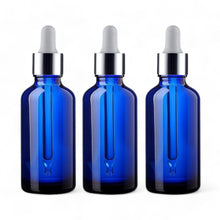 Load image into Gallery viewer, 100ml Blue Glass Bottles with Silver/White Glass Pipettes