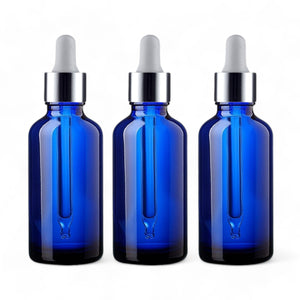 100ml Blue Glass Bottles with Silver/White Glass Pipettes