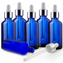 Load image into Gallery viewer, 100ml Blue Glass Bottles with Silver/White Glass Pipettes