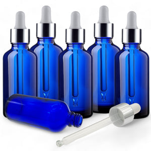 100ml Blue Glass Bottles with Silver/White Glass Pipettes