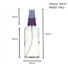 Load image into Gallery viewer, 100ml Clear Glass Spray Bottle with Black German-Made Atomiser &amp; Clear Overcap | Refillable Fine Mist Spray for Beauty, Essential Oils, and Cleaning Solutions