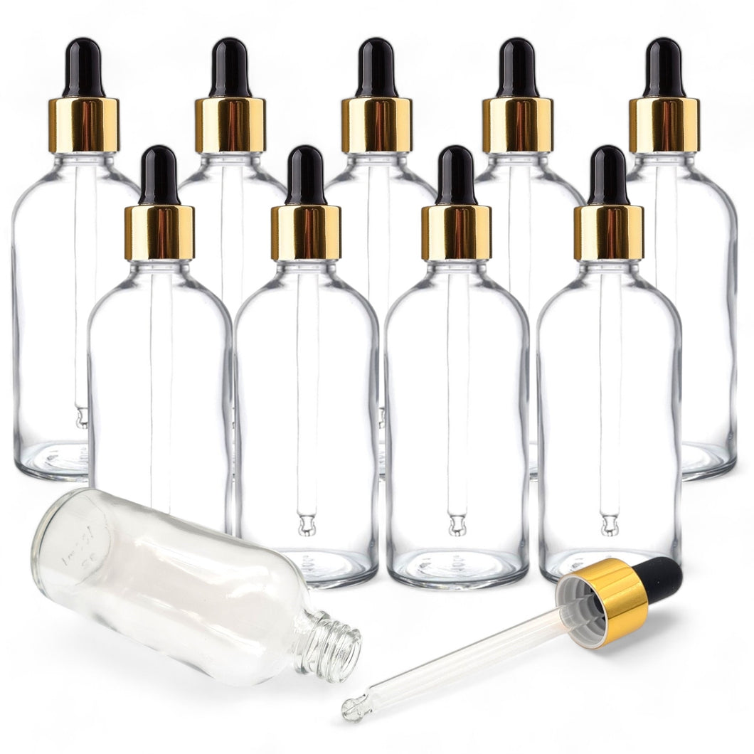 100ml Clear Glass Bottles with Gold/Black Glass Pipette