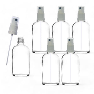 100ml Clear Glass Spray Bottle with White German-Made Atomiser & Clear Overcap | Refillable Fine Mist Spray for Beauty Products, Essential Oils, and Cleaning Solutions