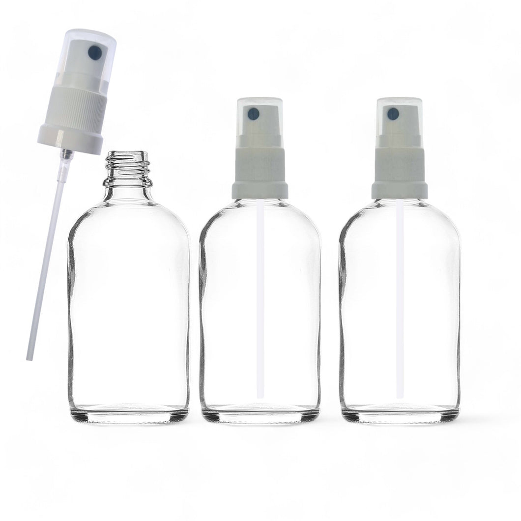 100ml Clear Glass Spray Bottle with White German-Made Atomiser & Clear Overcap | Refillable Fine Mist Spray for Beauty Products, Essential Oils, and Cleaning Solutions