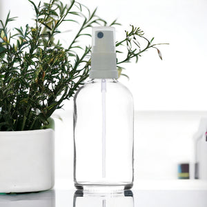 100ml Clear Glass Bottles with White Atomiser Spray and Clear Over Cap