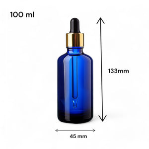 100ml Blue Glass Bottles with Gold/Black Glass Pipettes