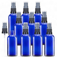 Load image into Gallery viewer, 100ml Blue Glass Bottles with Black Atomiser Spray and Clear Over Cap