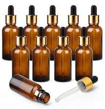 Load image into Gallery viewer, 50ml Amber Glass Bottles with Gold/Black Glass Pipettes