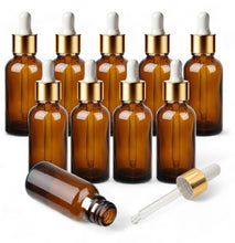 Load image into Gallery viewer, 50ml Amber Glass Bottles with Gold/White Glass Pipettes