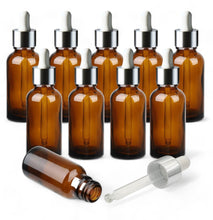 Load image into Gallery viewer, 50ml Amber Glass Bottles with Silver/White Glass Pipettes