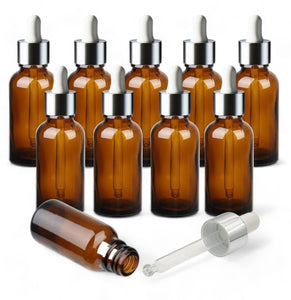 50ml Amber Glass Bottles with Silver/White Glass Pipettes