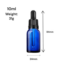 Load image into Gallery viewer, 10ml Blue Glass Bottles with Tamper Resistant Glass Pipettes