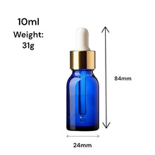 Load image into Gallery viewer, 10ml Blue Glass Bottles with Gold/White Glass Pipettes