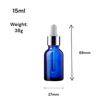 Load image into Gallery viewer, 15ml Blue Glass Bottles with Silver/White Glass Pipettes