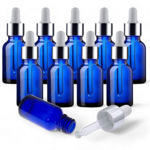 Load image into Gallery viewer, 15ml Blue Glass Bottles with Silver/White Glass Pipettes