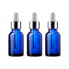 Load image into Gallery viewer, 15ml Blue Glass Bottles with Silver/White Glass Pipettes