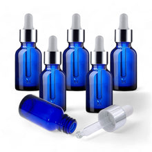 Load image into Gallery viewer, 15ml Blue Glass Bottles with Silver/White Glass Pipettes