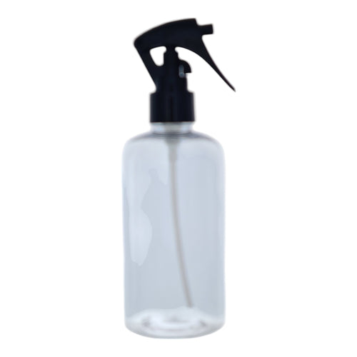 250ml Clear Plastic Boston Round Bottle With Black Mini Trigger Spray.