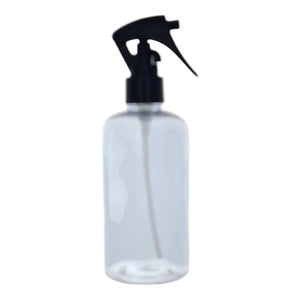 250ml Clear Plastic Boston Round Bottle With Black Mini Trigger Spray.