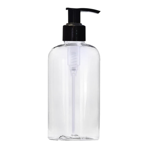 250ml Clear Plastic Boston Round Bottle With Black Twist Lock Lotion Pump.