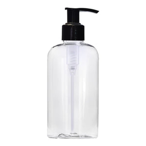 250ml Clear Plastic Boston Round Bottle With Black Twist Lock Lotion Pump.