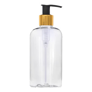 250ml Clear Plastic Boston Round Bottle With Gold and Black Lotion Pump.