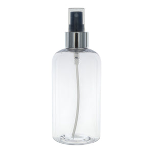 250ml Clear Plastic Boston Round Bottle With Silver and Black Finger Spray.