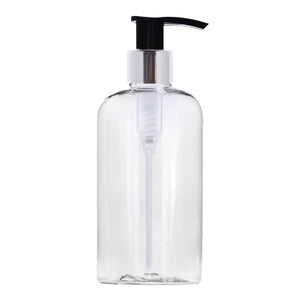 250ml Clear Plastic Boston Round Bottle With Silver and Black Lotion Pump.