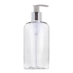 250ml Clear Plastic Boston Round Bottle With Silver and White Lotion Pump.