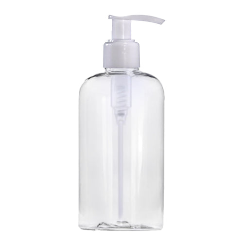 250ml Clear Plastic Boston Round Bottle With White Twist Lock Lotion Pump.