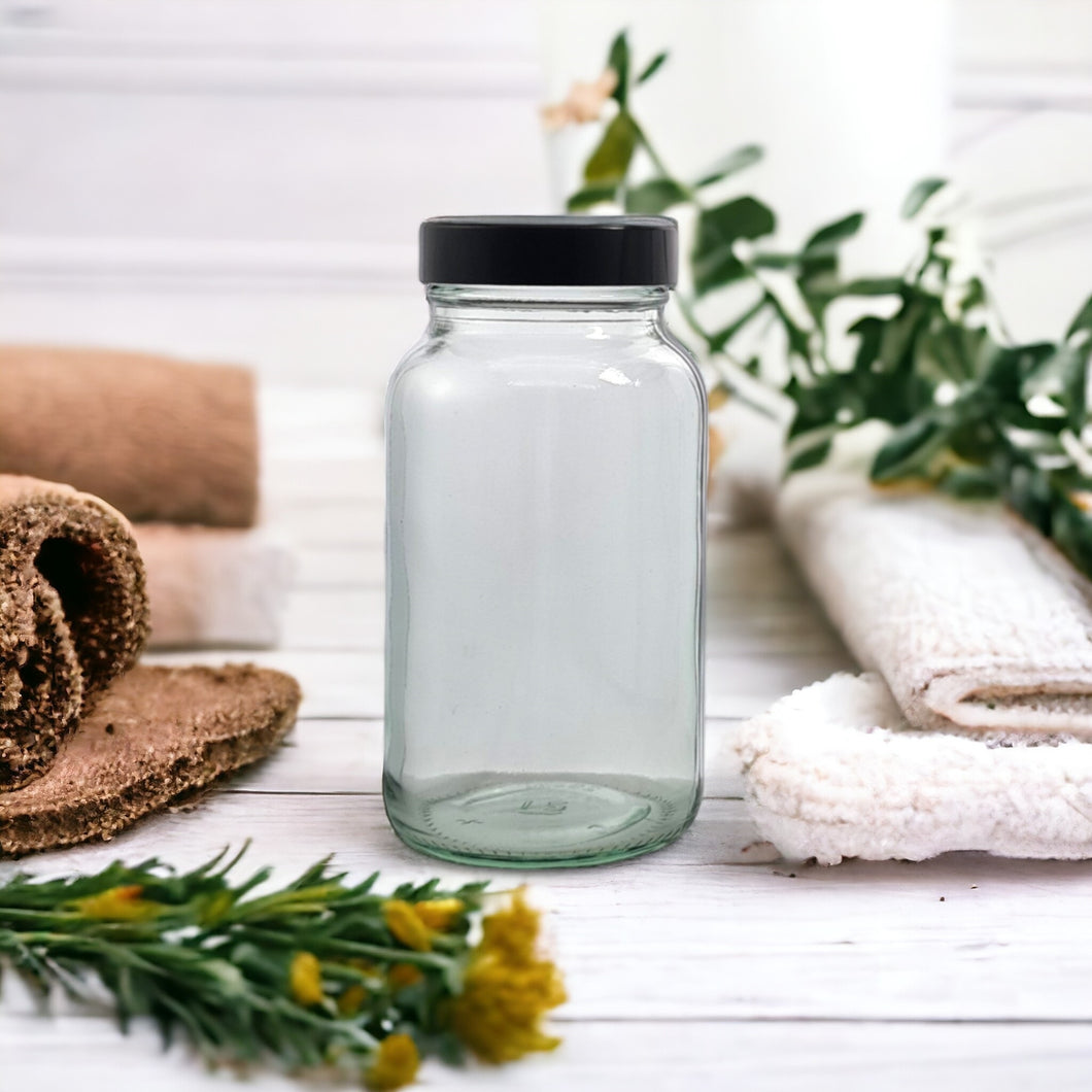 Clear Wide Mouth Glass Pill Jars with Black Lids