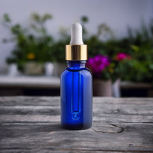 Load image into Gallery viewer, 30ml Blue Glass Bottles with Gold/White Glass Pipettes