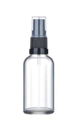 30ml Clear Glass Bottles with Black Atomiser Spray and Clear Over Cap