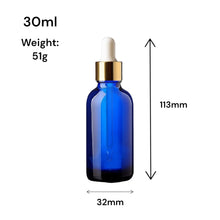 Load image into Gallery viewer, 30ml Blue Glass Bottles with Gold/White Glass Pipettes
