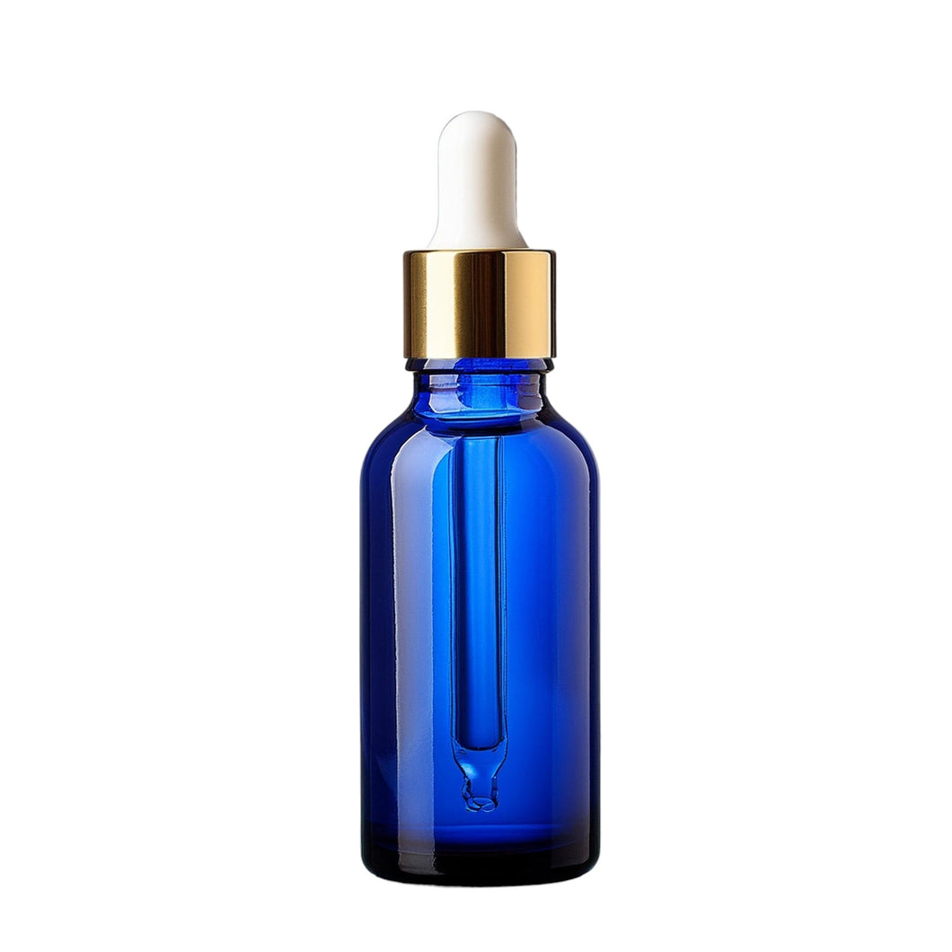 30ml Blue Glass Bottles with Gold/White Glass Pipettes