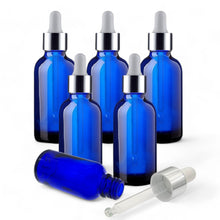 Load image into Gallery viewer, 30ml Blue Glass Bottles with Silver/White Glass Pipettes