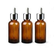 Load image into Gallery viewer, 50ml Amber Glass Bottles with Silver/White Glass Pipettes