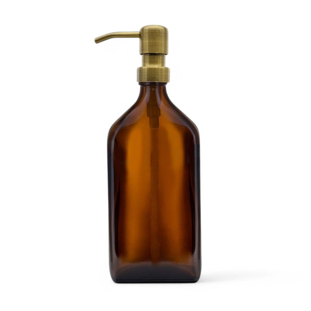 500ml Rectangular Amber Glass Soap Dispenser Bottles with Brass Style Metal Pump